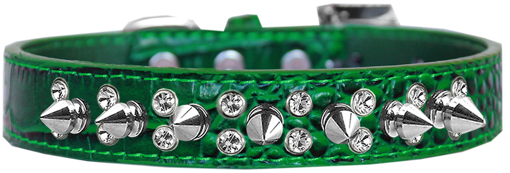 Double Crystal and Spike Croc Dog Collar Emerald Green Size 14